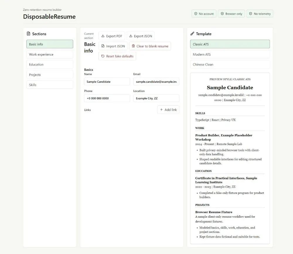 DisposableResume editor and live résumé preview filled with fictional sample data